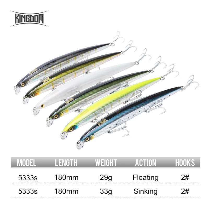 Kingdom best selling minnow fishing lure 5333 ABS plastic saltwater minnow bait 180mm/33g sinking minnow fishing lure for sale