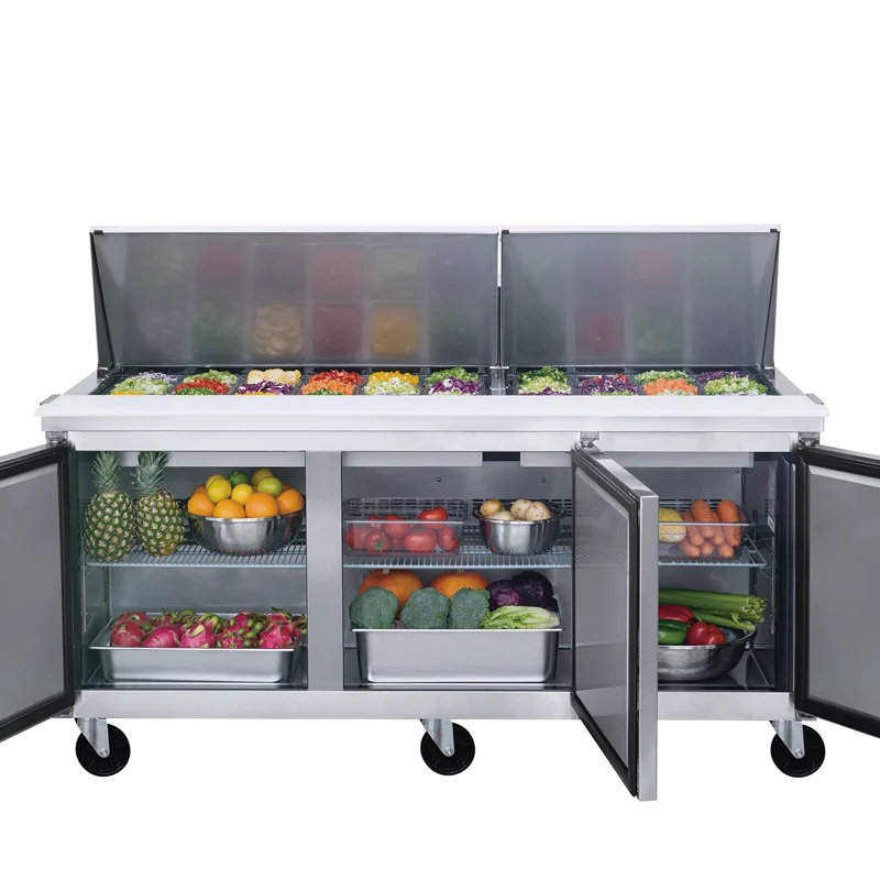 Stainless steel commercial restaurant kitchen 3 doors food salad prep counter refrigerator cooler for sales