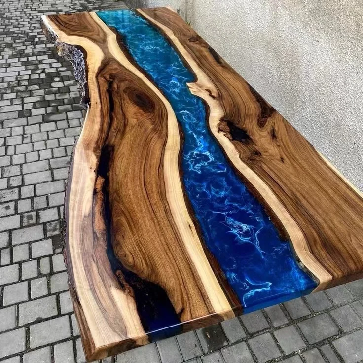 High Quality Fashion Luxury Solid Walnut Wood Restaurant Cafe Rectangular Coffee River Kitchen Epoxy Resin Slab Dining Table