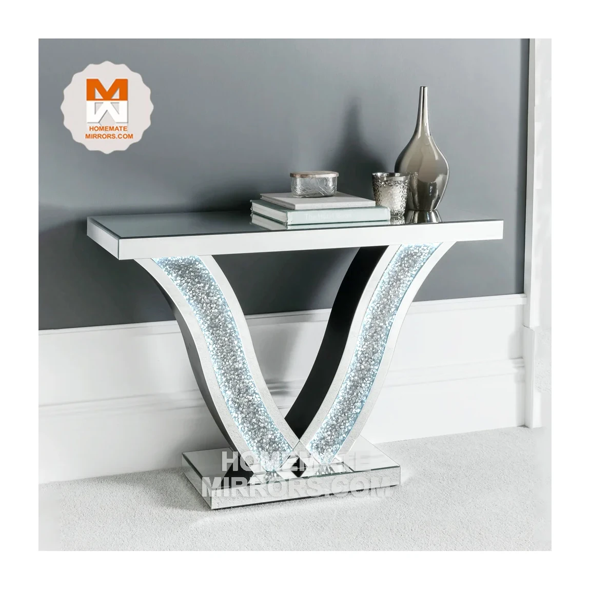 Hot Beautiful Mirrored Console Table and Mirror Set With LED Lights