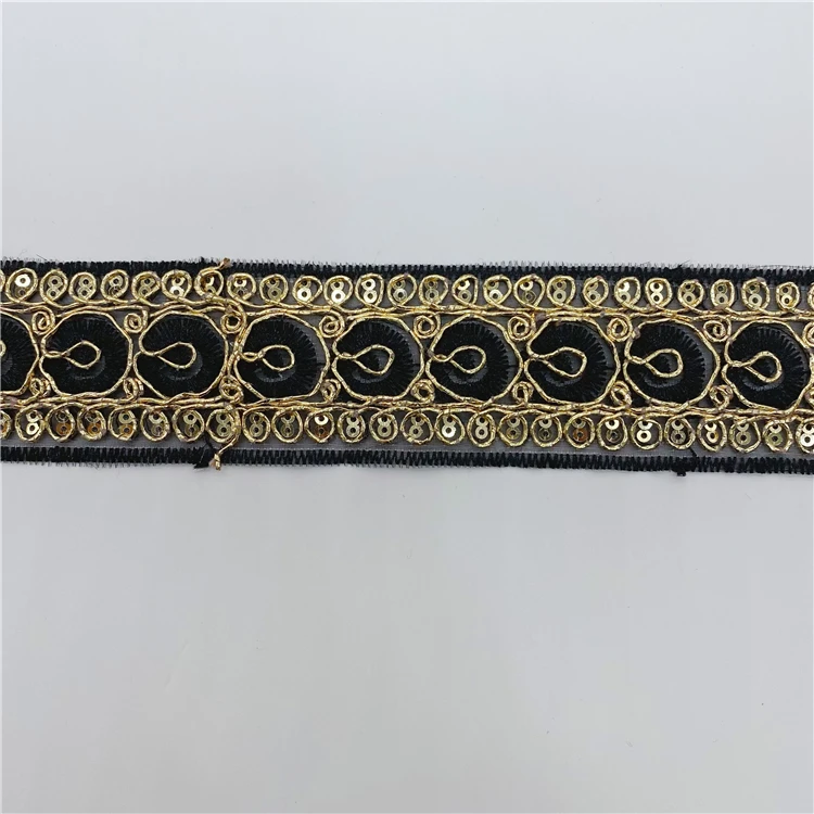Mesh Sequin Embroidery Lace Stock supply of hollowed-up garment accessories Wholesale Gold Thread embroidery bar code lace