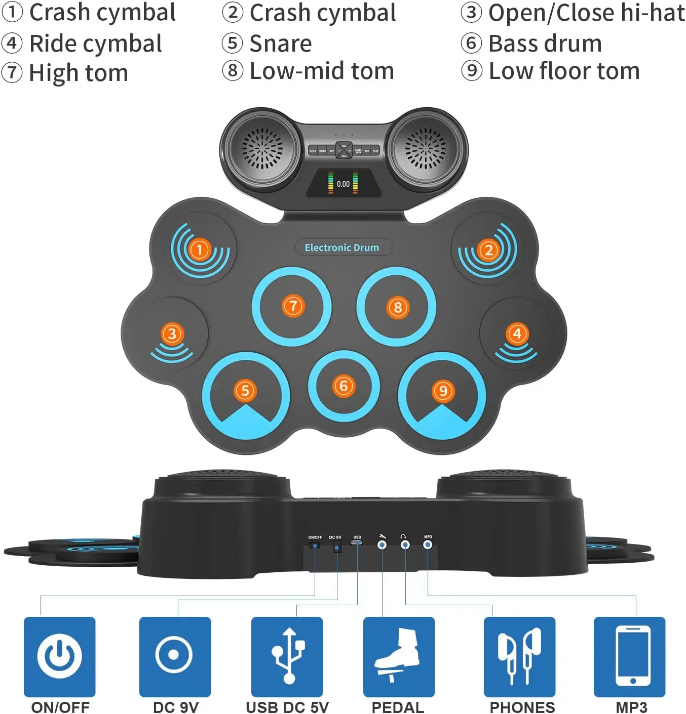 LED Screen Electronic Drum set 9 Pads Roll Up Drum - Electric Drums Practice Pad Kit