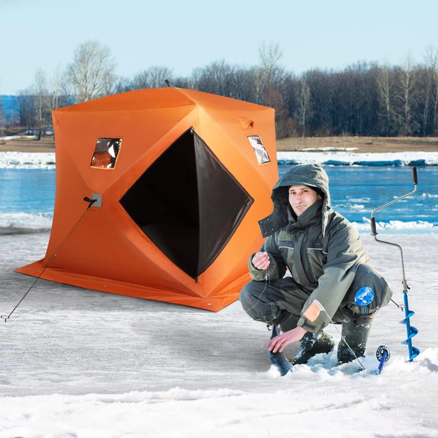 Ice Fishing Shelter Tent 2-3 Person Pop Up Portable Insulated Ice Shanty Zippered Door 300D Oxford Waterproof Fabric