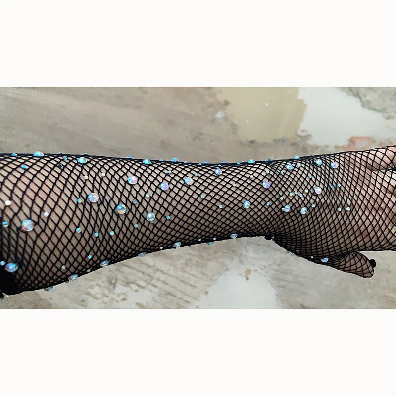 Party cosplay diamonds hollow mesh gloves long sleeve stretch rhinestones five fingers mittens festival sexy lace net gloves