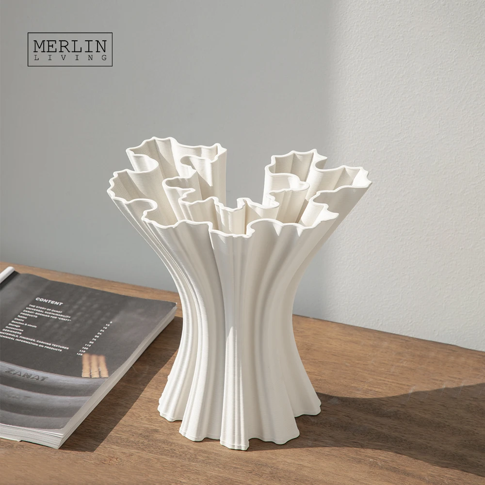 Merlin Living 3D Printing Vase irregular folding shape white vase ceramic decoration Chaozhou Ceramic Factory Manufacturing