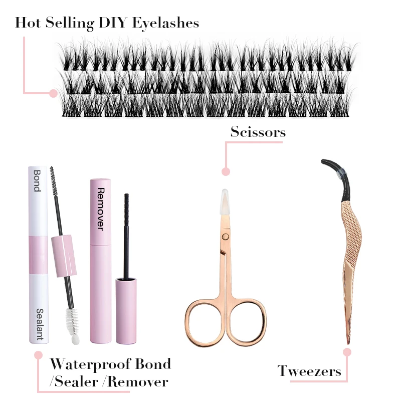 Wholesale Fluffy Cluster Lashes Bond Seal Remover Segmented Eyelash Extensions Mink DIY Lash Extensions Kit with Private Label