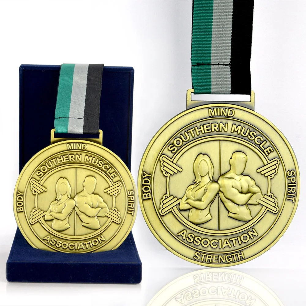 Suppliers Wholesale Custom Bodybuilding Competition 3d Metal Gold Lanyard Sports Custom Velvet Box Medal