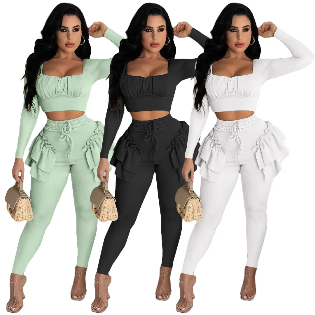 Fall outfits for women neon square collar slim trousers long sleeve suit ladies club wear crop top two piece pants set D10991