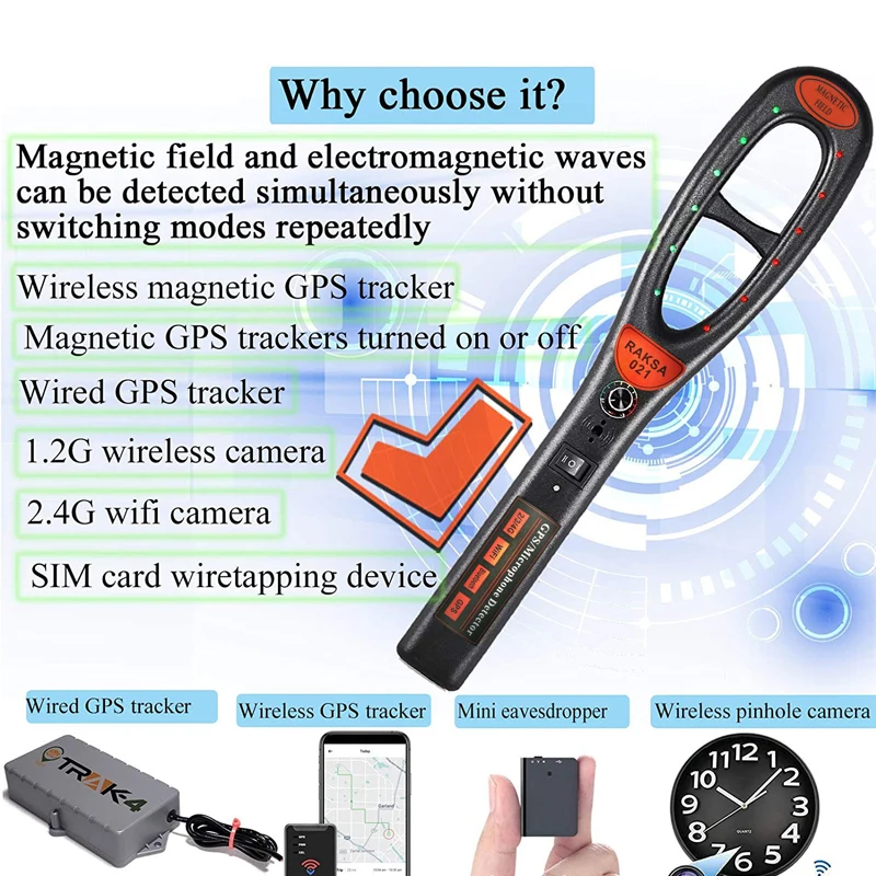 Professional Strong Magnetic Scanner Handheld Anti Bug Spy Camera GPS Tracker Cell Phone RF Signal Detector