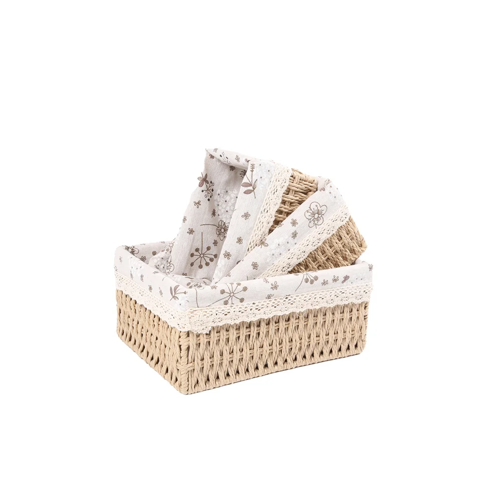 Handmade Weaving rectangle sundries slim sew paper rope storage basket with liner for organizer
