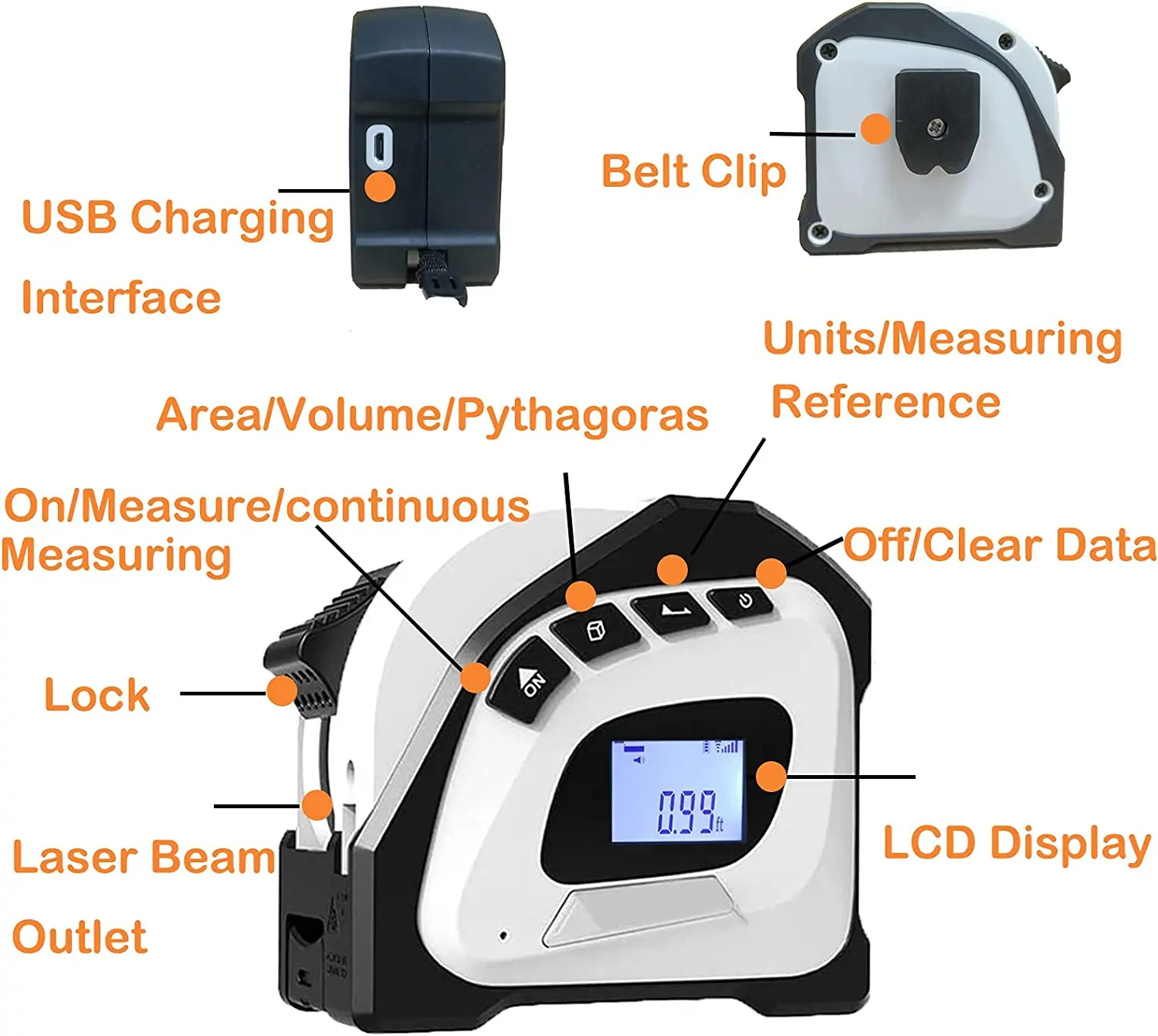 2 in 1 LCD Display Laser Tape Measure 40M Rechargeable Measurement Tool 5M Laser Measuring Tape Distance Meter