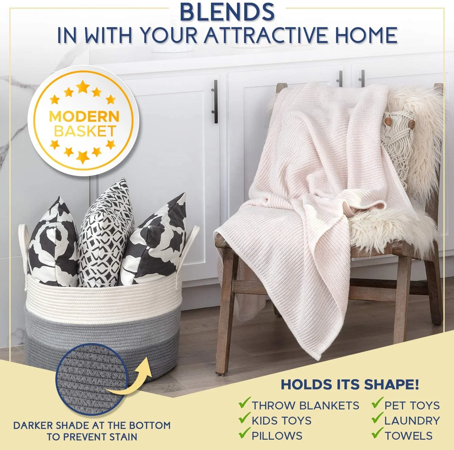 Woven blanket basket with handle 50.8cm X 50.8cm X 33.0cm, living room oversize basket, cotton rope basket, stuffed animal toy b