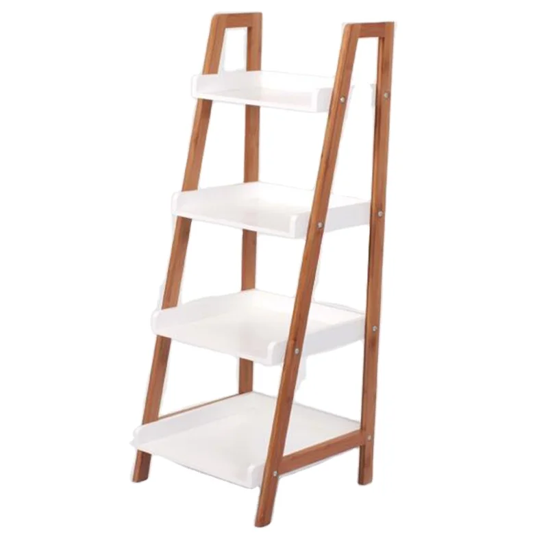 2021 customized ladder shaped multifunction bamboo rustic wood shelves
