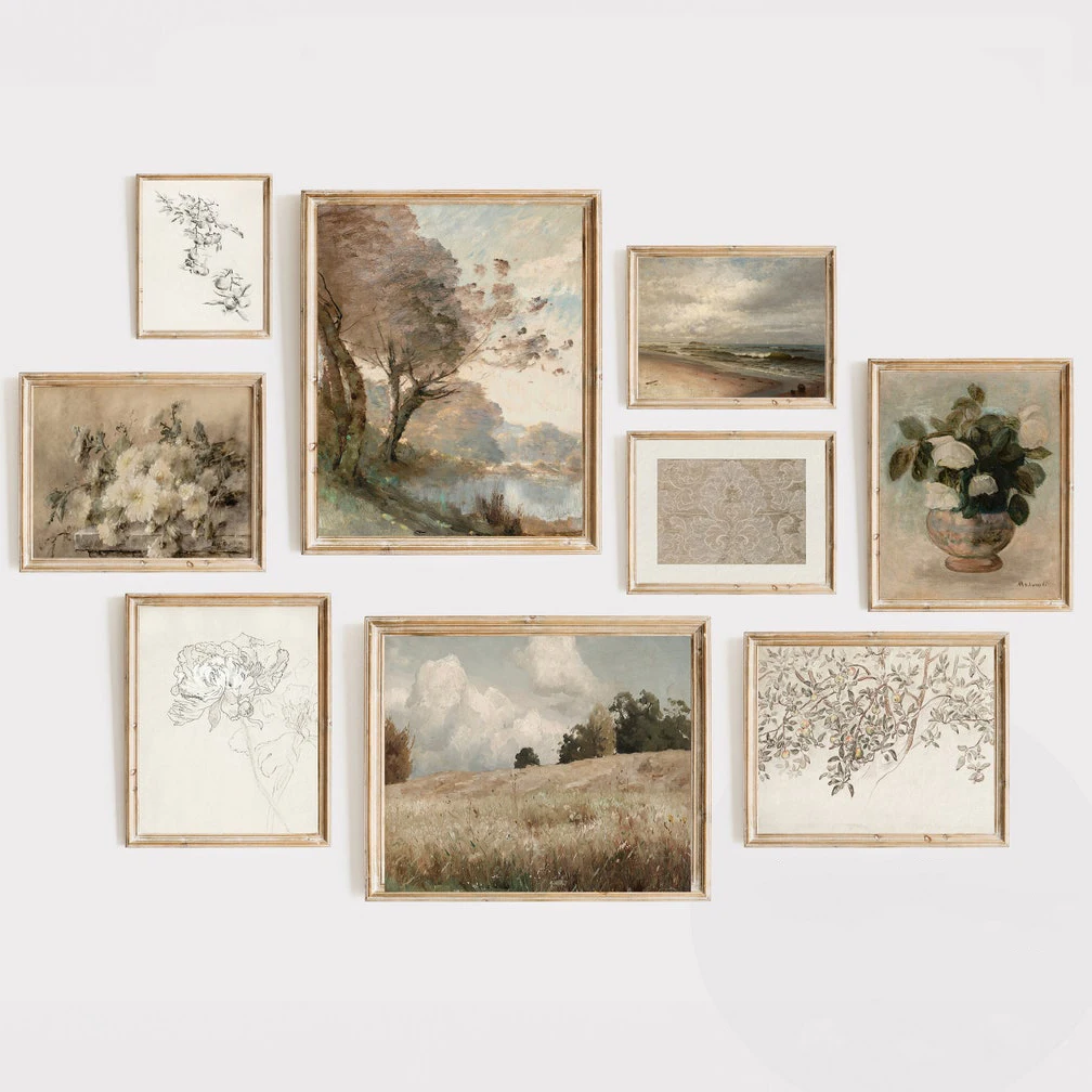 SQ French Country Prints Set Wall Gallery Art Vintage Canvas Prints Rustic Decor Cozy Neutral Muted Prints Art Painting