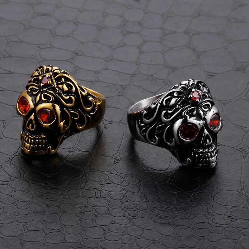 KALEN Vintage Gold Skeleton Head Stainless Steel Red Zircon Men Finger Ring