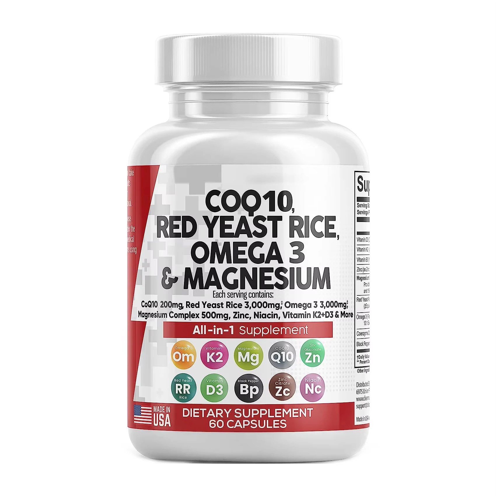 COQ10 Capsules Red Yeast Rice Omega 3 Magnesium Niacin Vitamin K2 D3-Herbal Supplements Adult Heart Health Support Anti-Aging