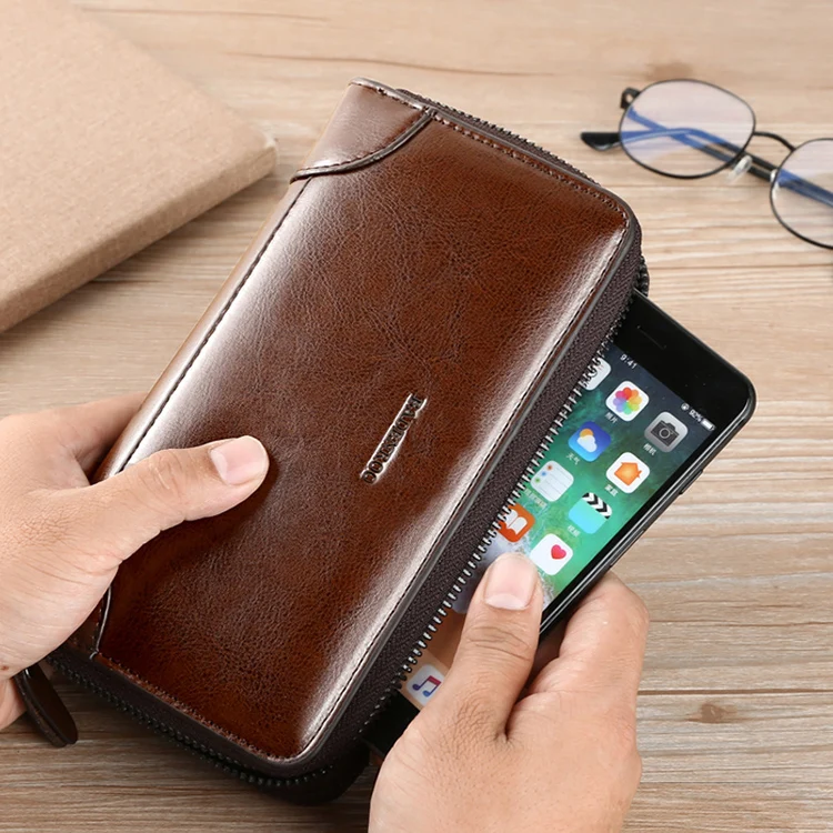 Factory custom long mens PU leather business clutch bag vintage double zipper handbag wallet for men