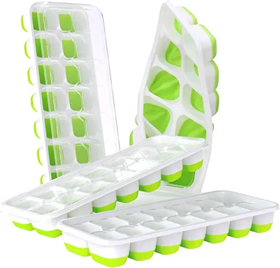 Stackable Ice Trays with Covers Ice Cube Trays 4 Pack Easy Release Silicone 14 Ice Cube Trays with Spill Resistant Removable Lid