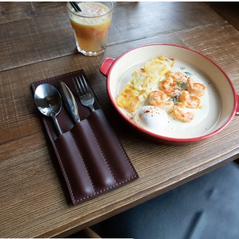 PU  Leather Personalized Cutlery Pouch Holder Cafe Bar Restaurant Cutlery Organizer Utensil Organizer Spoon and Fork Holder