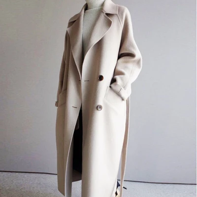 2022 Factory New Arrival Autumn Winter Solid Color Korean Loose Wool Coats Women Long Trench Coat