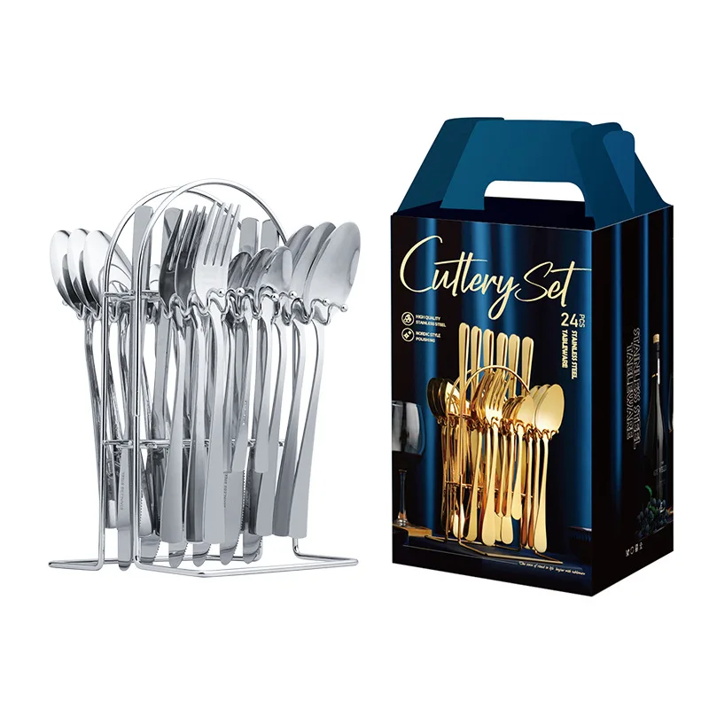 24 PCS Flatware Gold Set Forks And Spoons Stainless Steel Cutlery Hold Set Gift Box For Wedding