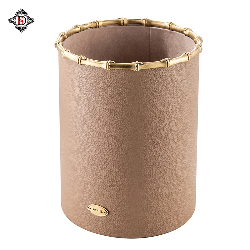 Hotel metal bins custom Luxurious Palace Brass Wastebasket  High-grade leather rubbish bin can be customised with logo