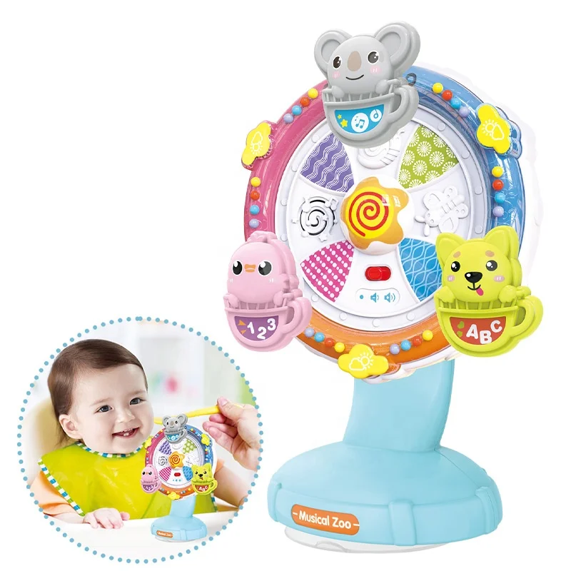 Custom baby eating soothing toy musical zoo light-up electric spin animals toy table suction up rotating wheel toddler toy