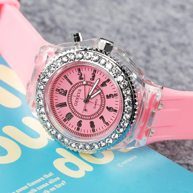 Fashion Rhinestone Big Dial Silicone Band Analog Watch Clear Case Quartz Watches LED Luminous For Kids Watch