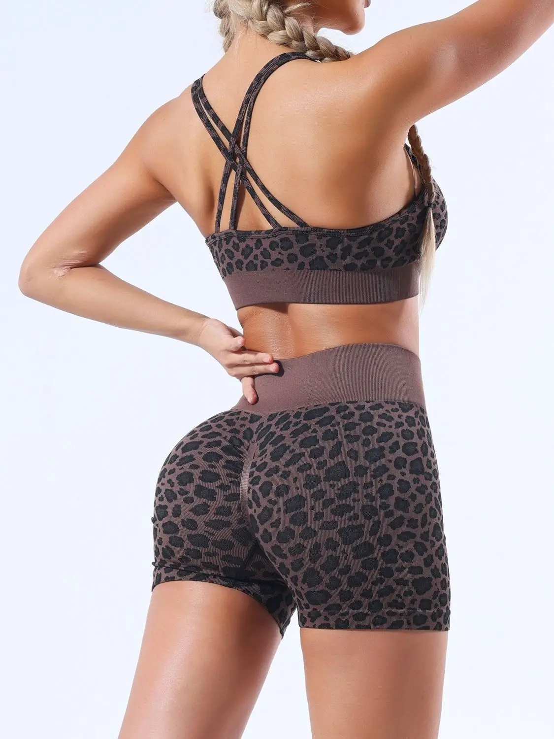 Hot Sexy Leopard Cross Sling Bra Sports Crop Tank Top Yoga Set Hip Lifting High Waist Fitness Short Pants Women Exercise Wear