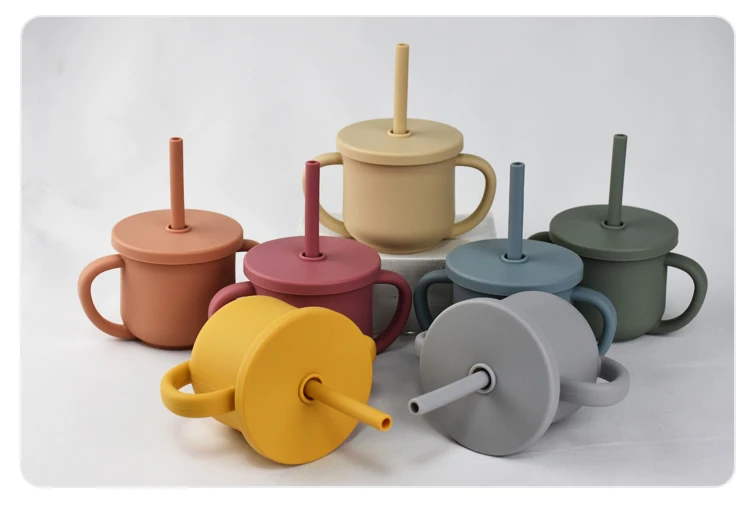 Custom Logo Food Grade Silicone Toddler Cup Bottle Warmer Kid Training Drinking Water Snack Sippy Cup Straw Lids Babies