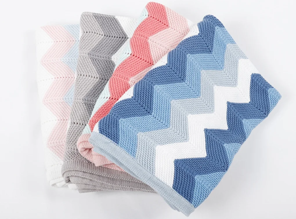 100% Cotton Cozy Wave Striped Newborn Baby Swaddle Wraps Knitted Blanket For Children