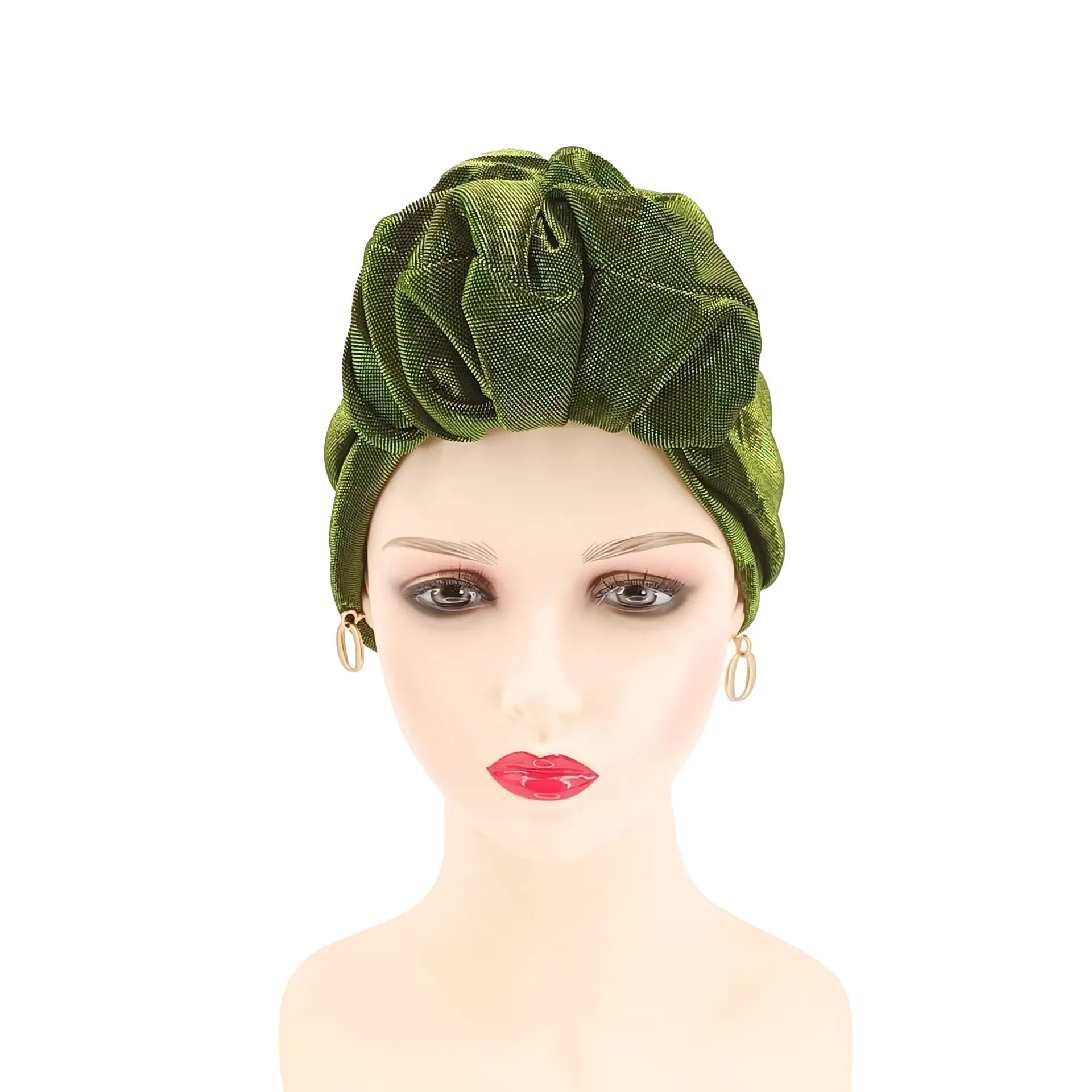 New Bright African Ethnic Bandana Muslim hijab Hat with Ruffled Flower Bud Cloth Forehead Cover turban