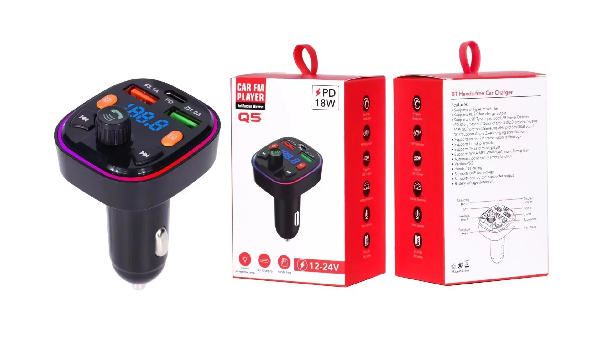 Car Type C PD Mobile Phone Charger Car Bluetooth-MP3 Player FM Receiver Hands Free Phone FM Transmitter