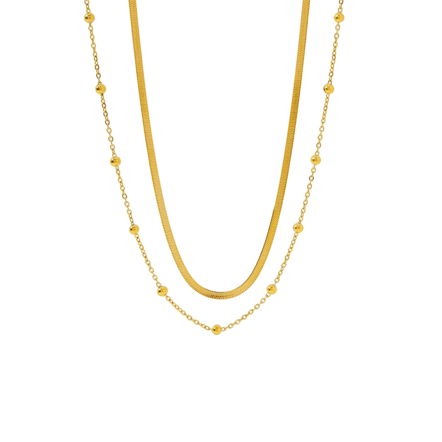 Double Layer Necklace Stainless Steel Chain Choker for Women, 18K Gold Plated Snake Bead Chain Link Necklaces