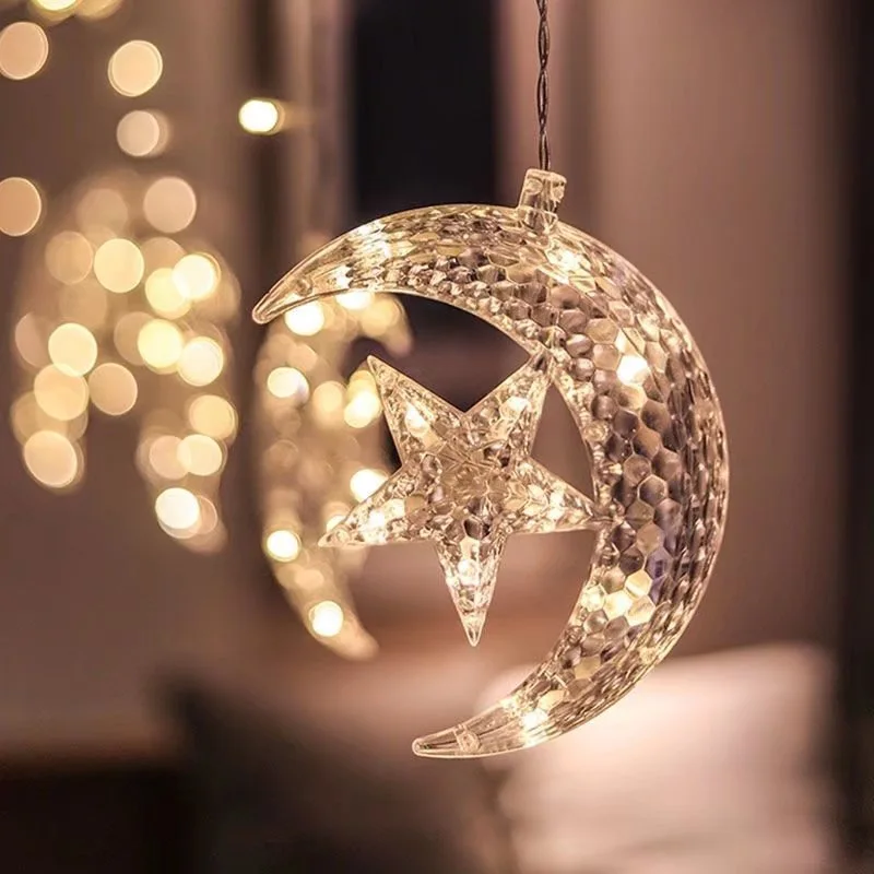 Twinkle Star 138 LED Star Moon Indoor String Lights USB Window Curtain Lights 8 Flashing Modes Christmas Ramadan Decorations