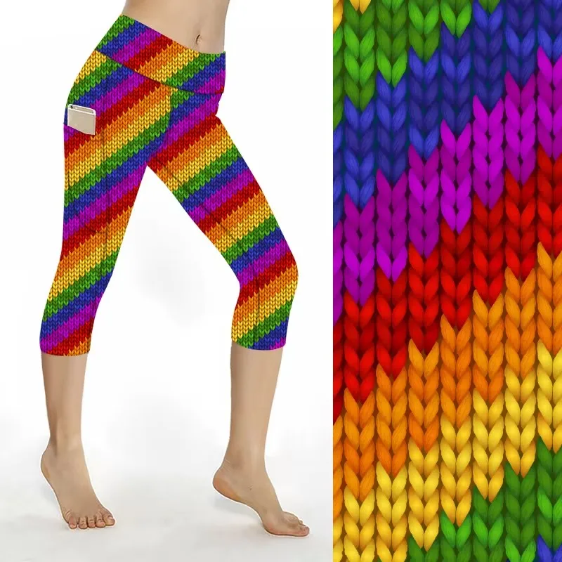 Dropshipping Women Printed 3/4 Length Yaga Pants Double Side Brushed Workout Fitness Capri Leggings With Pockets