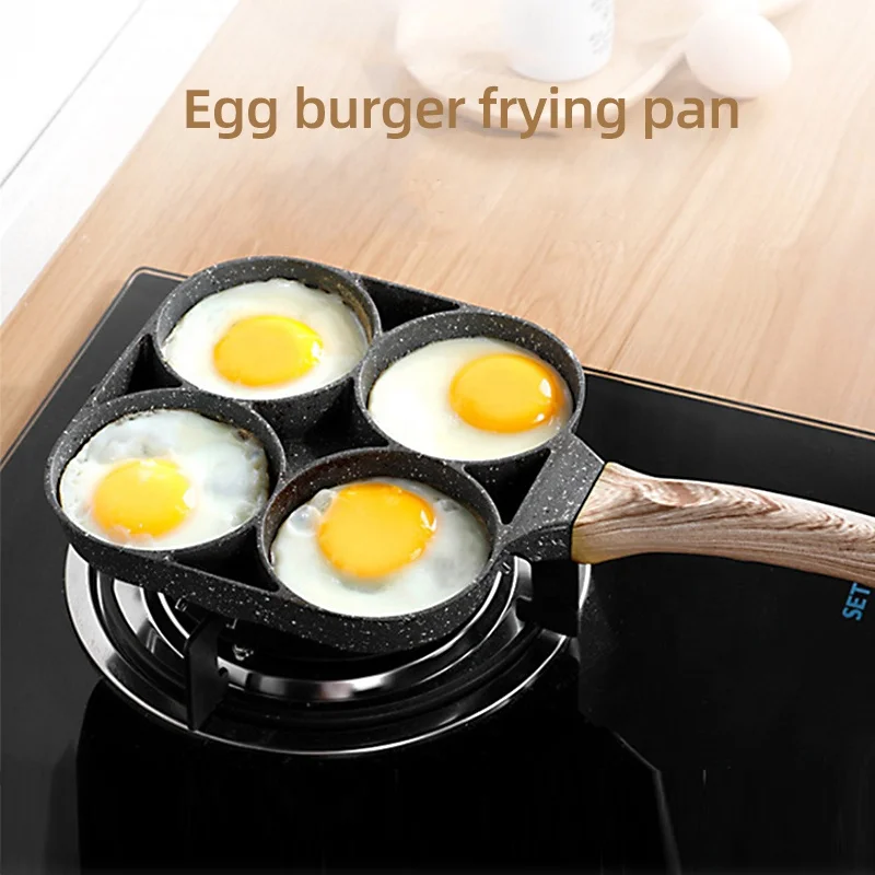 Hot Sale Grill Pan Kitchen 4 Hole Omelet Pan Non Stick Aluminum Frying Pan With Wooden Handle