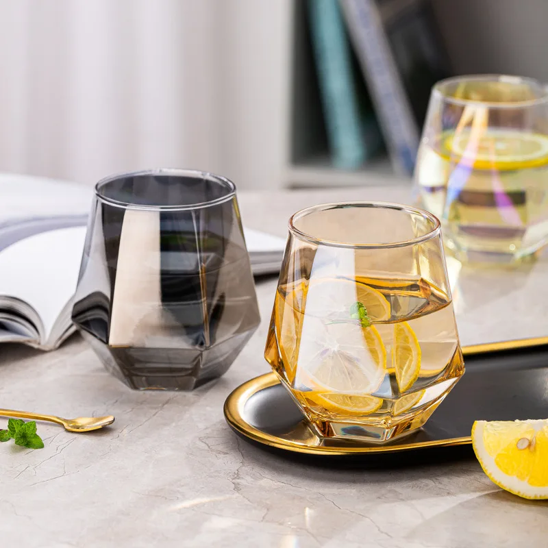 Wholesale 10oz Diamond Shaped Colored Hexagonal Stemless Drinking Glass Cup Whisky Vodka Glass Tumbler