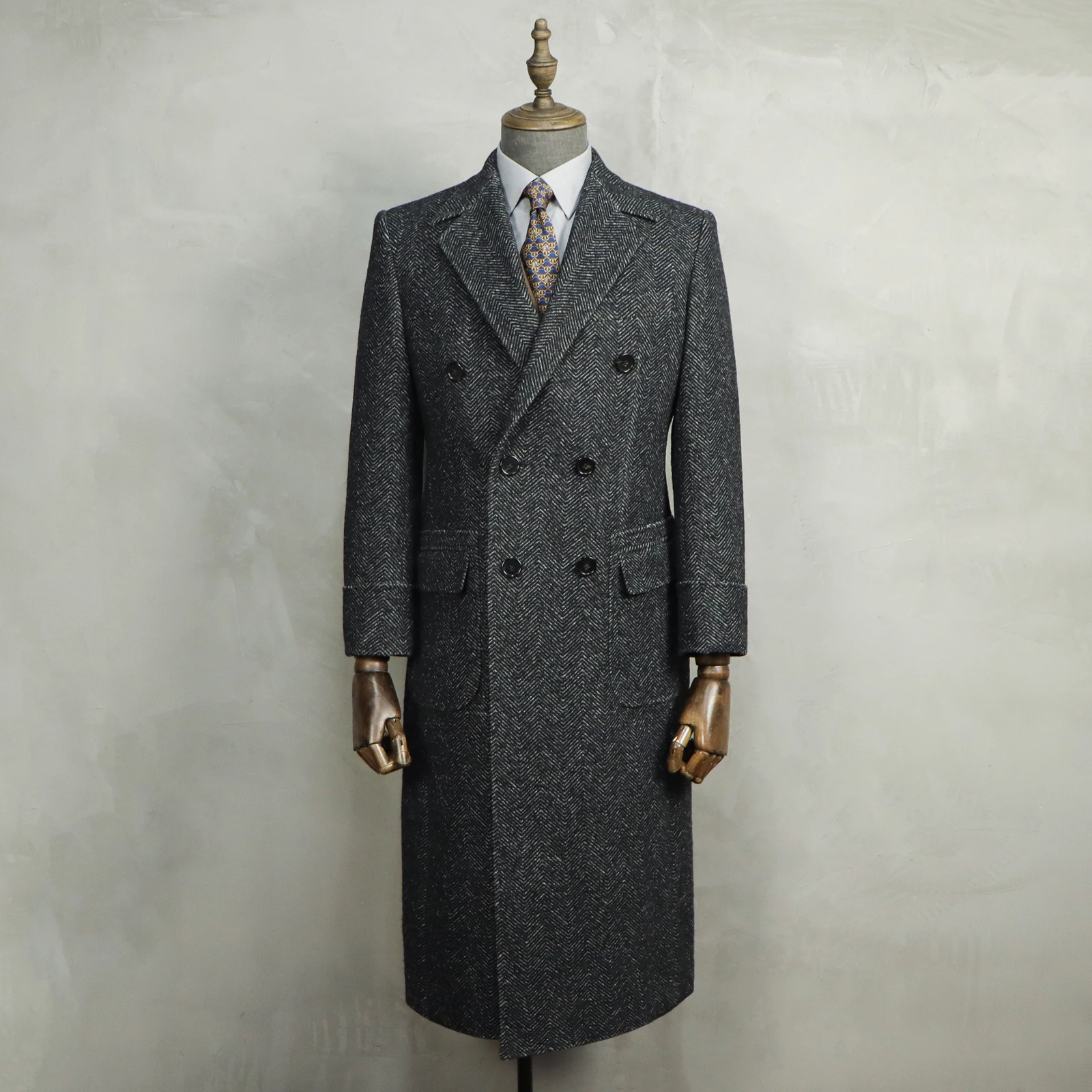 MTM Handmade 100% Wool Polocoat Custom Herringbone Overcoat Men Wool Tailor Made Mens Wool Overcoat For Bespoke