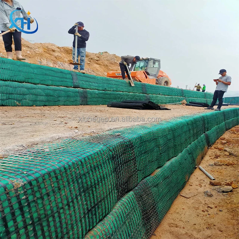 Polyester biaxial geogrid 100kn 120kn warp knitted geogrid pvc coated for road strengthening retaining wall