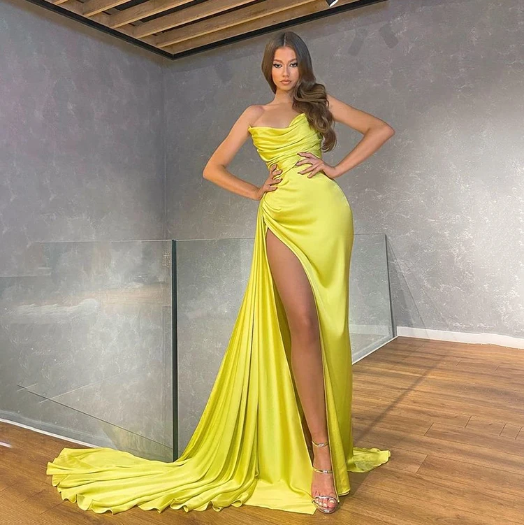 ODM High Split Yellow Green Purple Dubai Celebrity Prom Mermaid Evening Dress Sexy Pour Jeune Fille Robe De Soiree Satin Longue