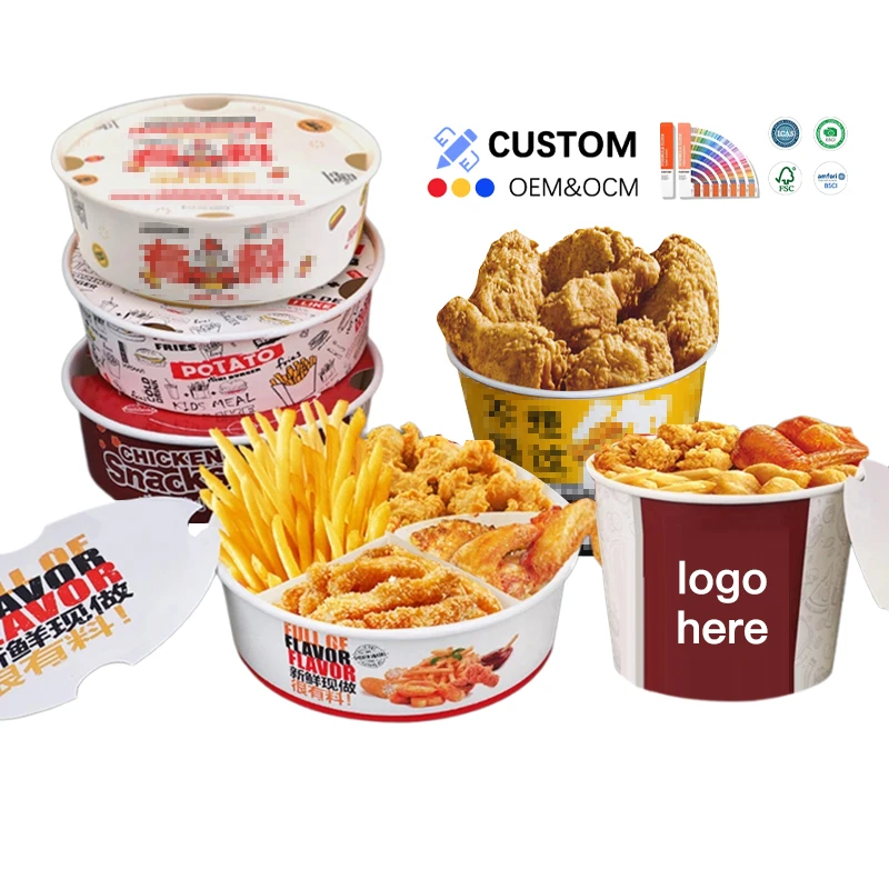 Custom Size Food Grade White Card Grease Proofing Fried Chicken Bucket Takeaway Food Packaging Popcorn Paper Tubs