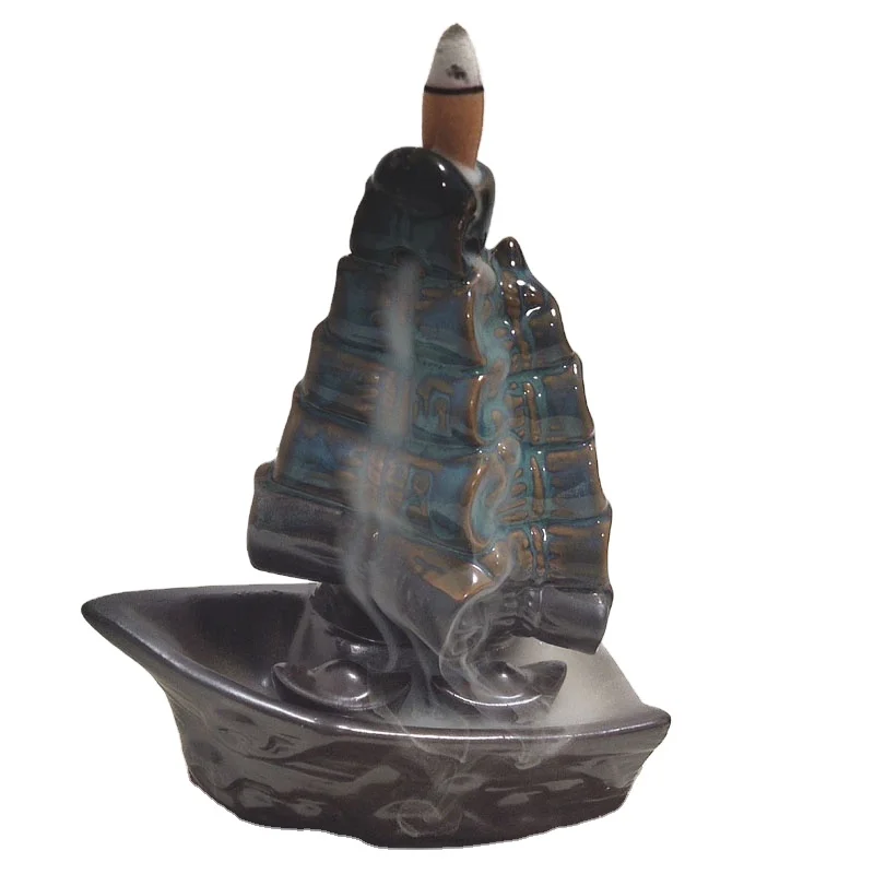 Ywbeyond New Design Ceramic Censer Sailing Boat Backflow Incense Burner Incense Cone Holder Waterfall