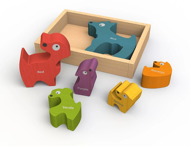 Eco-friendly toysWooden Dog Family Color Names Puzzle for Toddlers Custom Cube Puzzle Educational Blocks Toys