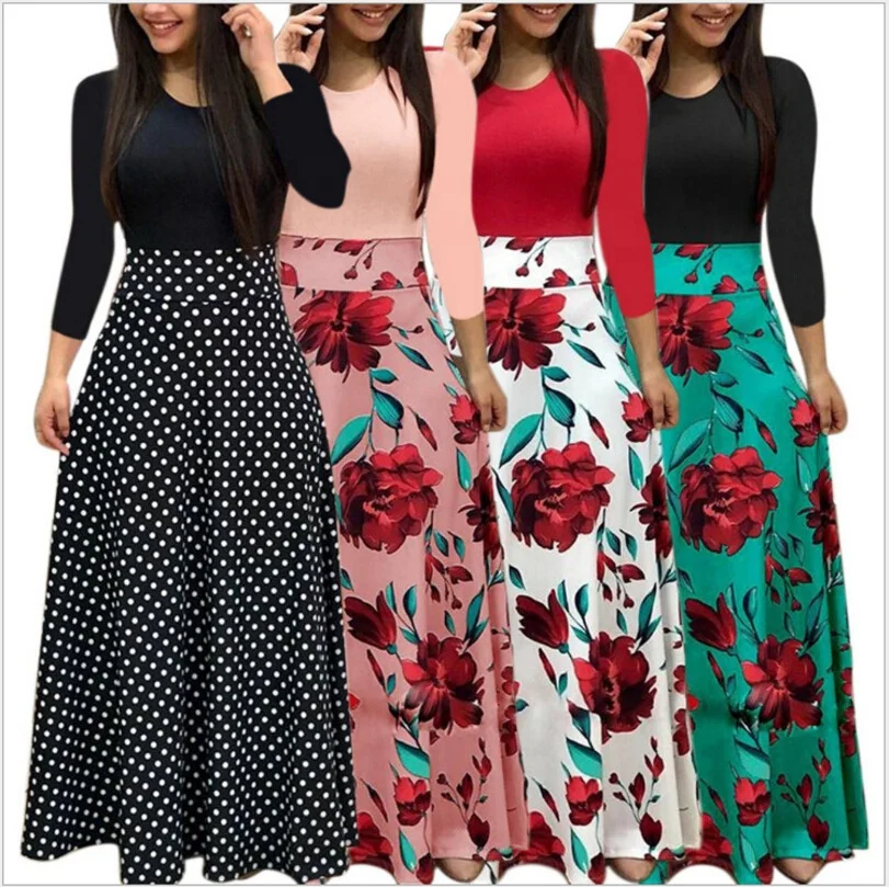 S-5XL Summer plus size women dress female long sleeve printed maxi floral casual dress