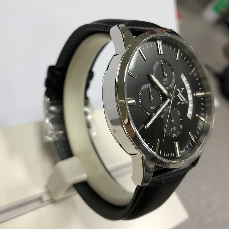 3ATM Water Resistant Genuine Leather Strap 43mm Stainless Steel Case Japan Movement Chronograph Watch