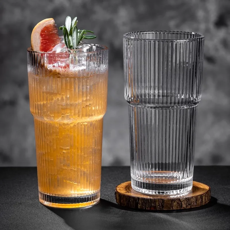 Wholesale Large Capacity Drinking Glass Tumbler Stackable Ribbed Coke Coffee Cup Striped Cocktail Water Glasses