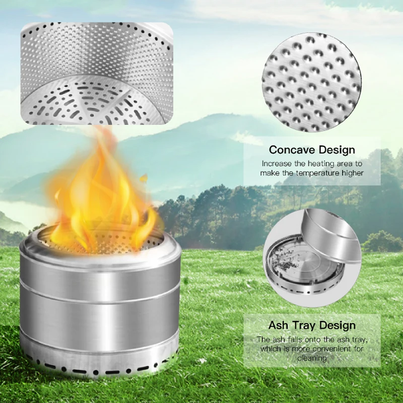 Stainless Steel 201 Outdoor Bonfires Brazier Stove Smokeless Charcoal Camping Solo Fire Pit Portable 19.5 inch