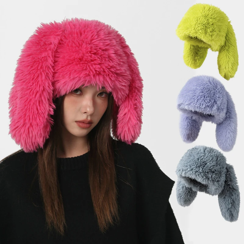 Custom Winter Candy Color Fluffy Furry Fur Plush Bad Rabbit Bunny Ears Cute Funny Warm Y2K Beanie Hat With Ear
