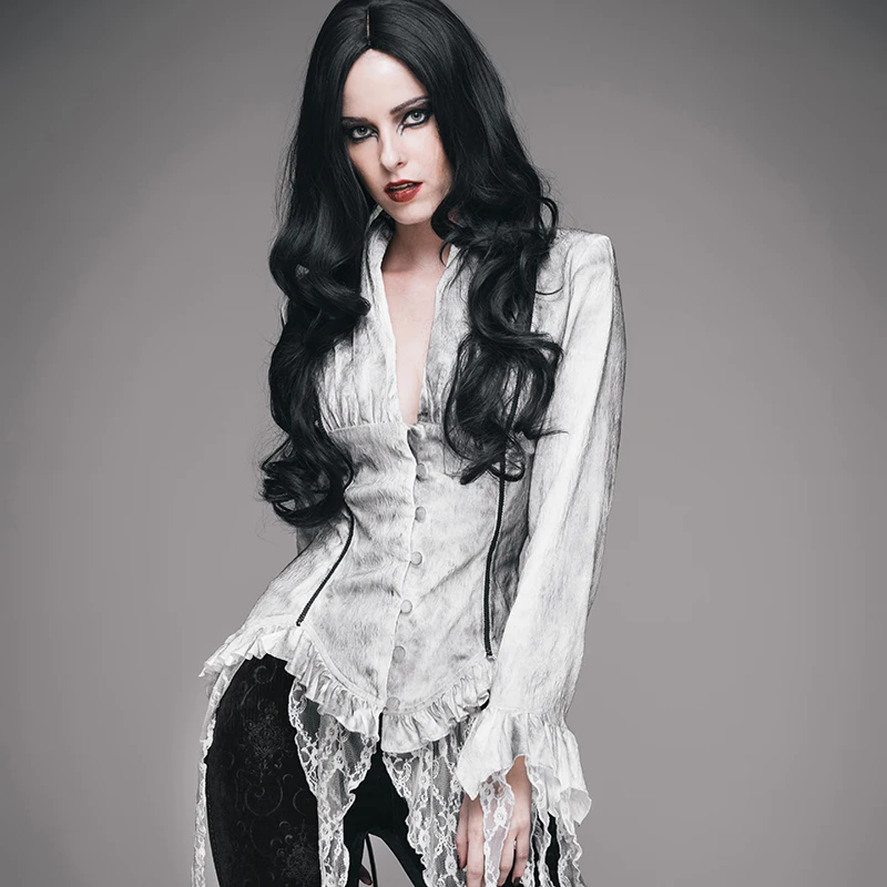 ESHT002 Eva lady brand steampunk hand painted white gothic women blouse with lace tassels